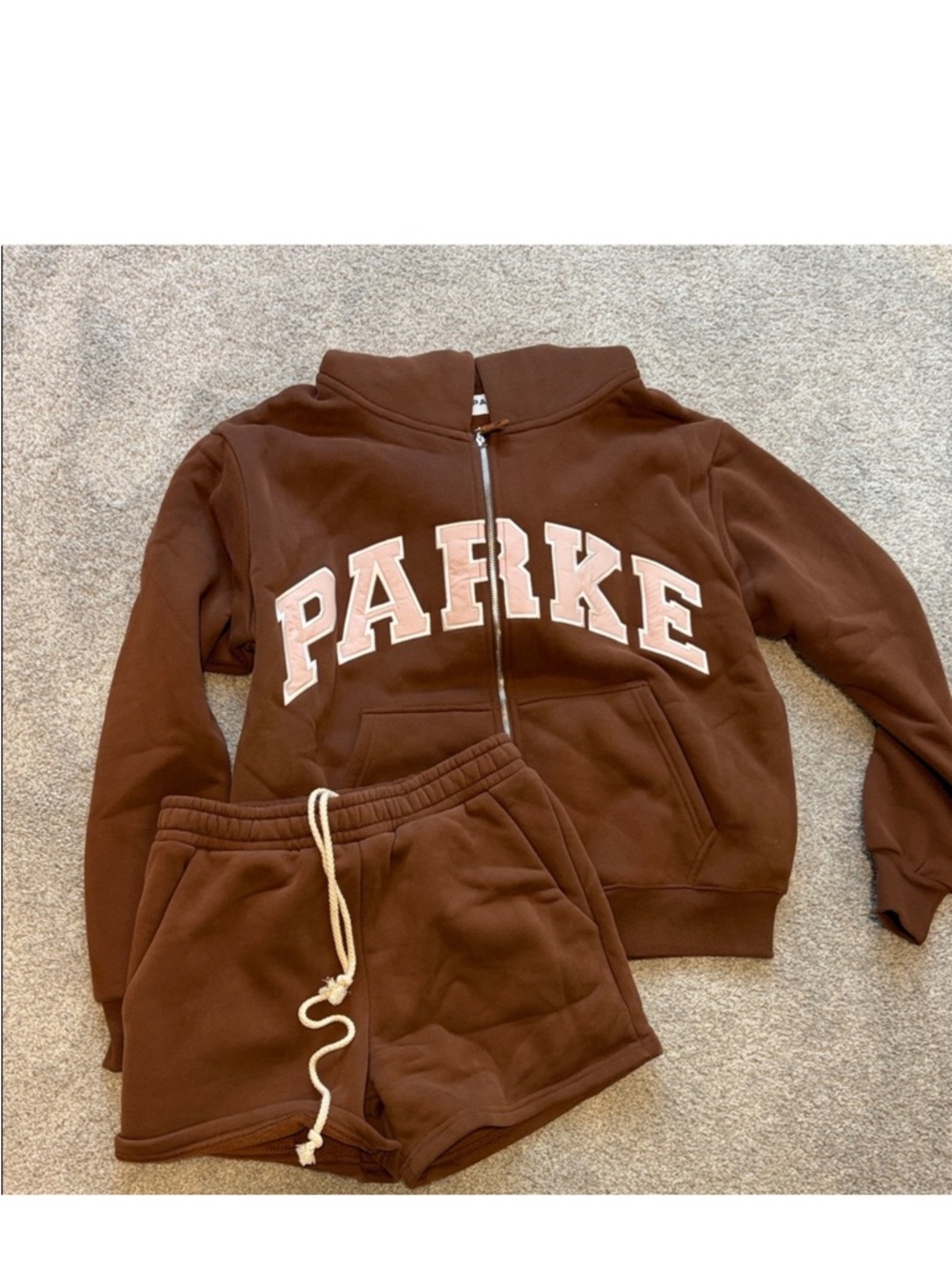Parker Brown Zip-Up Varsity Jacket with Cream Lettering